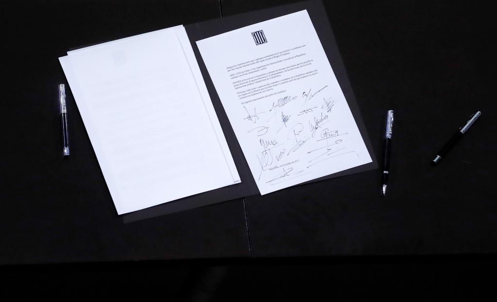 A declaration of independence is seen after it was signed by members of the Catalan regional government at the Catalan regional 
